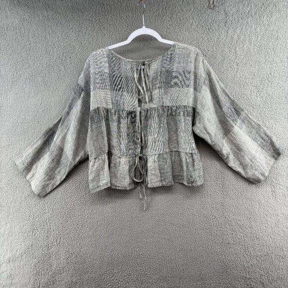 Esby Kiko Tie Back Top Black White Broken Plaid 100% Linen Boho Boxy Blouse Medi - Picture 6 of 15